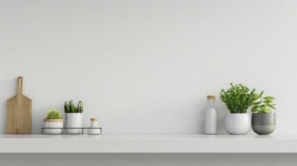 Various plants in white vases on a shelf against a white wall as a stylish home decor idea