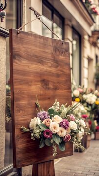 Wooden sign with flowers for sale outside a flower shop