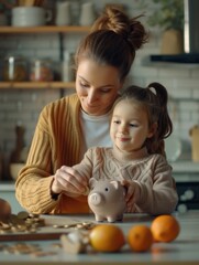 Fototapeta premium A mother-daughter duo filling up a piggy bank, teaching financial literacy to the young one