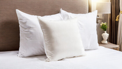 White pillow on bed in bedroom closeup