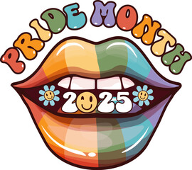 LGBT Pride month 2025 icon with lips colored in pride flag colors and open mouth with teeth and tongue. LGBT PRIDE MONTH 2025 icon and poster with groovy hipster woman open mouth isolated on white