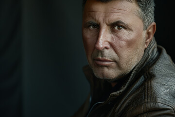 Obraz premium Close-up portrait of a middle aged man of Middle Eastern descent, studio photo, against a sleek gray studio backdrop
