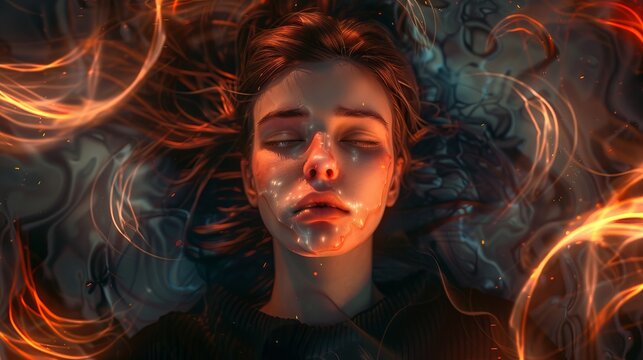 A woman sleeping in deep peace , depicting nietzsche's philosophy of nihilism and ubermensch , she is thinking about being a super human , her hair flying in surrounding