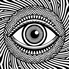 Black and White Psychedelic Illustration of a Hand with Geometric Patterns Against a Hypnotic Background
