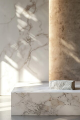 Obraz premium Polished marble stone podium for product presentation on a sleek, modern backdrop with elegant lighting
