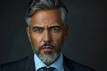Fototapeta premium Close-up portrait of a middle aged man of Middle Eastern descent, studio photo, against a sleek gray studio backdrop