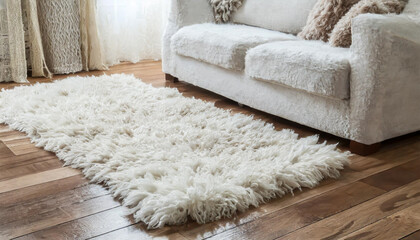 White shaggy carpet on brown wooden floor