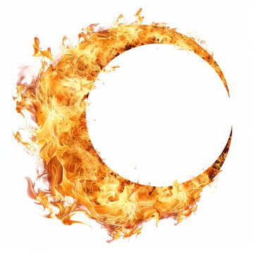 A crescent moon fire frame with flames tracing the curve, isolated on white background.