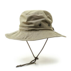 A safari hat in khaki with a wide brim and chin strap, designed for outdoor adventures, isolated on white background.