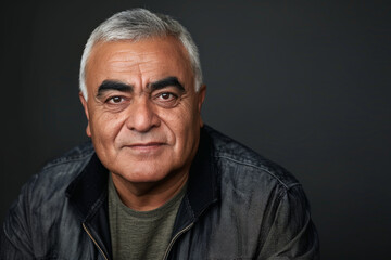 Obraz premium Close-up portrait of a middle aged man of Middle Eastern descent, studio photo, against a sleek gray studio backdrop