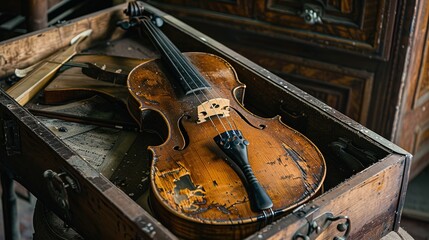 Obraz premium Old broken violin laying in open case with sheet music
