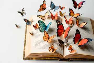 An open old book with vibrant butterflies fluttering above symbolizes the transformative power of knowledge and the endless possibilities that emerge from the pages of wisdom.
