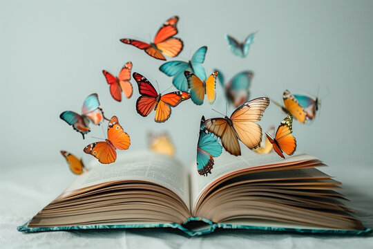 An open old book with vibrant butterflies fluttering above symbolizes the transformative power of knowledge and the endless possibilities that emerge from the pages of wisdom.
