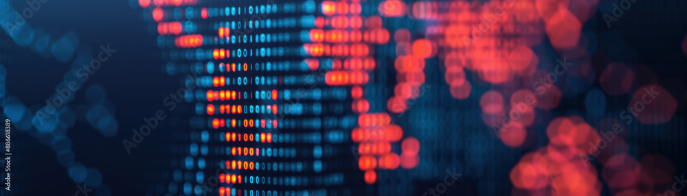 Poster abstract image of colorful pixelated lights on a digital display, representing data, technology, and