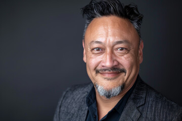 Obraz premium Close-up portrait of a middle aged man of Pacific Islander descent, studio photo, against a sleek gray studio backdrop