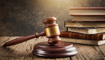 Wooden gavel and books on wooden table, law concept
