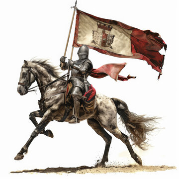 A chivalrous knight in steel armor, mounted on a rearing horse, holding a banner high, isolated on white background.
