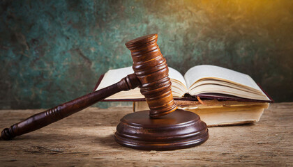 Wooden gavel and books on wooden table, law concept