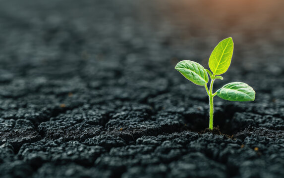 A young green plant sprouting in dry, cracked soil, symbolizing hope, growth, and resilience in the face of adversity and harsh conditions.