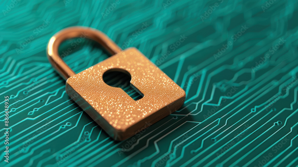 Poster bronze lock symbolizing cybersecurity on an electronic circuit board background, showing data protec