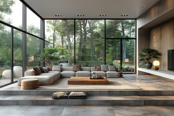 Contemporary Living Room A living room with a modern sofa, sleek coffee table, and minimalist decor. Include large windows and a neutral color palette