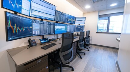 A luxury look of Forex trading room with multiple screen on the wall.