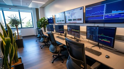A luxury look of Forex trading room with multiple screen on the wall.
