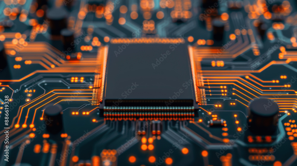 Poster close-up view of a computer microchip with glowing circuits, highlighting technology, electronics, a