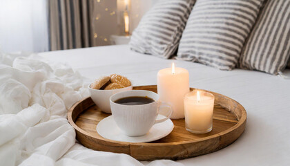 Hygge concept Coffee and candle filled wooden tray on a bed accompanied by white bedding striped blanket and pillow serving breakfast