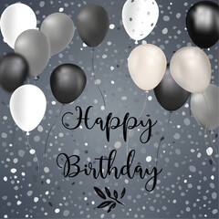 card or banner to wish a happy birthday in black on a gray background with circles and balloons in gray, black and white colors