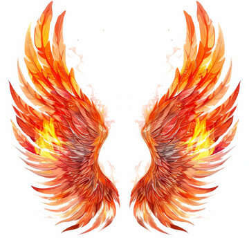 A pair of fiery phoenix wings with flames and vibrant red and orange hues, isolated on white background.