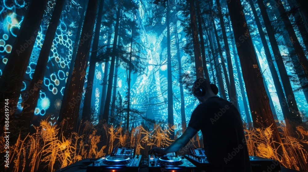 Leinwandbilder a dj performs in a forest illuminated by intricate light projections.