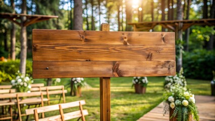 Rustic wooden sign in a lush green forest wedding ceremony venue