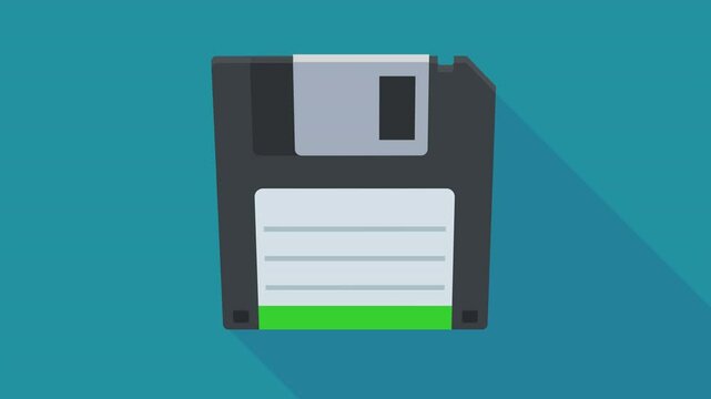 Appearance and disappearance from the rear of a 3 and a half inch black floppy disk with its blank label on a blue background with long shadow (flat design)