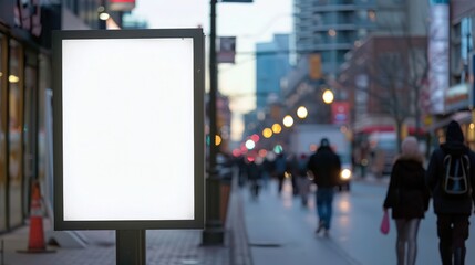"Unique perspective of a blank store sign on a bustling city street"