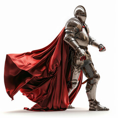 Fototapeta premium An armored knight in a dramatic pose, with a flowing cape and a shining helmet, isolated on white background.