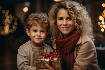 Mother and child hold a Christmas present in their hands.