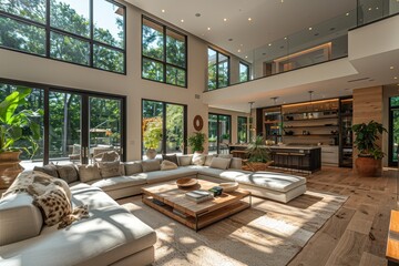Obraz premium Contemporary Living Room A living room with a modern sofa, sleek coffee table, and minimalist decor. Include large windows and a neutral color palette
