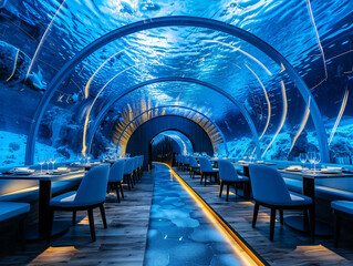 a restaurant with tables and chairs under water