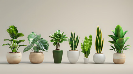 Fototapeta premium Assorted green potted plants in varying sizes and shapes, ordered by height