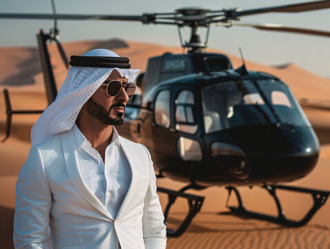 a man in a white suit and sunglasses standing in front of a helicopter