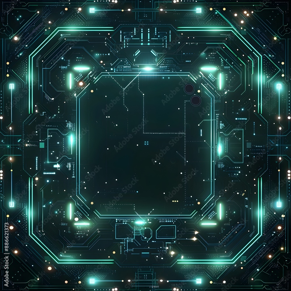 Poster modern futuristic tech frame with circuit board patterns and dark backdrop for design