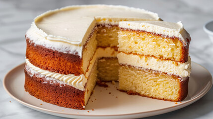 Delicious homemade vanilla sponge cake with creamy white frosting, cut to reveal soft, moist layers, perfect for celebrations and dessert lovers.