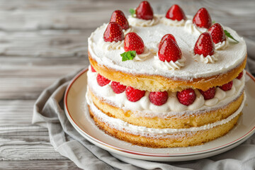 Delicious homemade strawberry shortcake with layers of fluffy sponge cake, fresh strawberries, and creamy whipped frosting, perfect for any occasion.