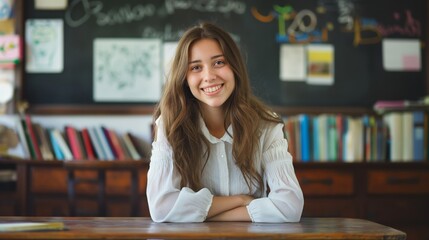 Happy Eastern European Student in Classroom with Books and Chalkboard, Ideal for Educational Campaigns, Print Designs, Posters