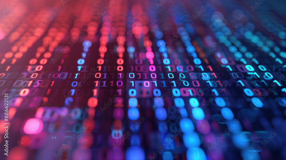 Poster abstract visualization of digital binary data highlighted in neon colors, symbolizing futuristic tec