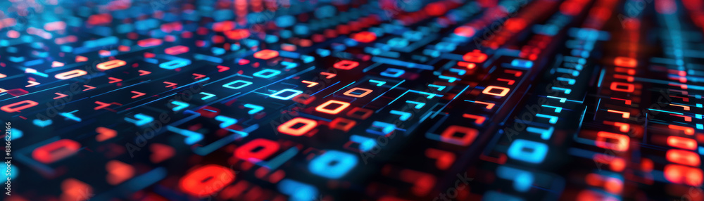 Poster closeup of a digital code matrix with bright, colorful numbers and letters representing data, techno