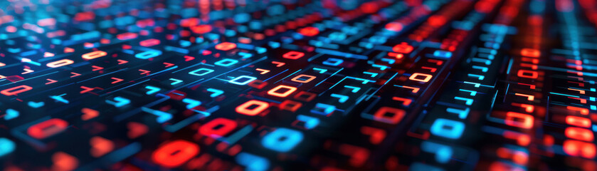 Closeup of a digital code matrix with bright, colorful numbers and letters representing data, technology, and information networks.
