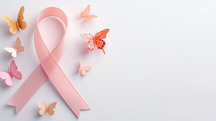 a pink ribbon with butterflies, cancer awareness symbol, watercolor illustration, soft pastel colors, isolated on white background