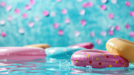 Colorful inflatable pool floats in a sparkling blue pool with a vibrant pink and blue backdrop. Summer fun and relaxation.